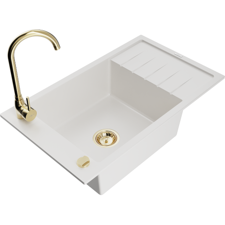 Mexen Elias 1-compartment granite sink with a drip tray and kitchen mixer tap Telma, White - 6511-20-670200-50