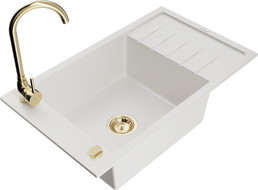 Mexen Elias granite kitchen sink 1-bowl with drainer and Telma kitchen faucet, white - 6511-20-670200-50