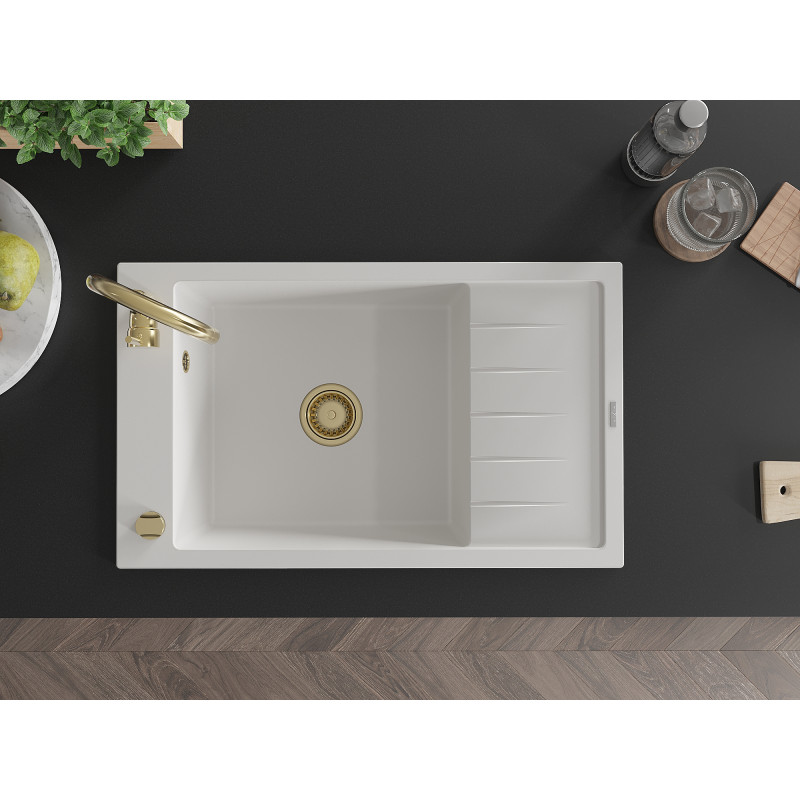 Mexen Elias granite kitchen sink 1-bowl with drainer and Telma kitchen faucet, white - 6511-20-670200-50