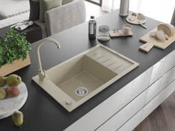 Mexen Elias Telma 1-bowl granite sink with drainer and kitchen faucet, beige - 6511-69-670200-69