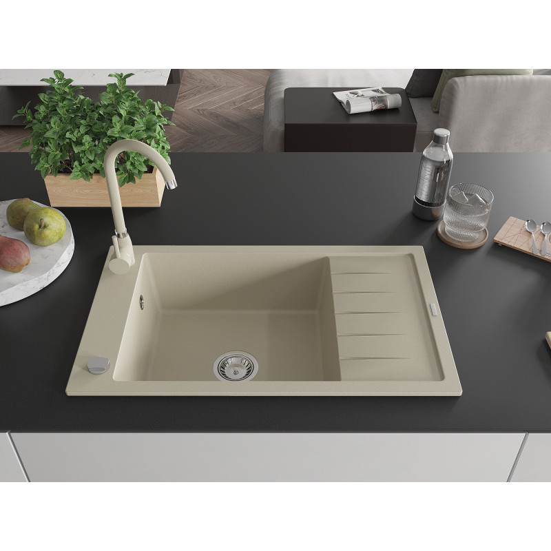 Mexen Elias Telma 1-bowl granite sink with drainer and kitchen faucet, beige - 6511-69-670200-69