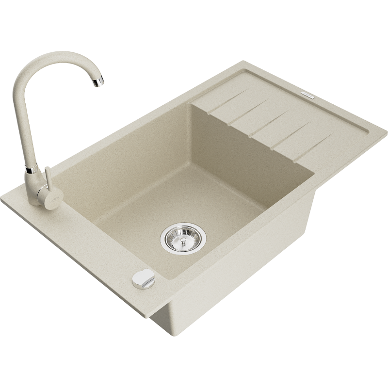 Mexen Elias 1-compartment granite sink with a drip tray and kitchen mixer tap Telma, Beige - 6511-69-670200-69