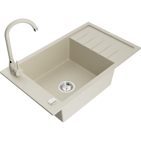 Mexen Elias 1-compartment granite sink with a drip tray and kitchen mixer tap Telma, Beige - 6511-69-670200-69