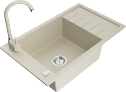 Mexen Elias 1-compartment granite sink with a drip tray and kitchen mixer tap Telma, Beige - 6511-69-670200-69