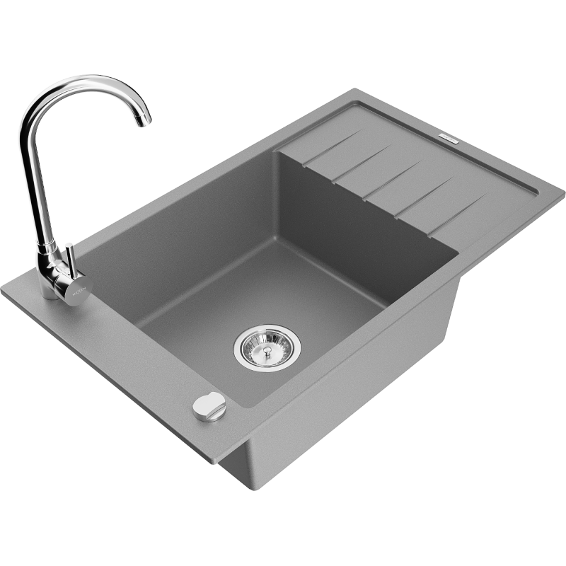 Mexen Elias granite sink 1-bowl with drainer and Telma kitchen faucet, gray - 6511-71-670200-00