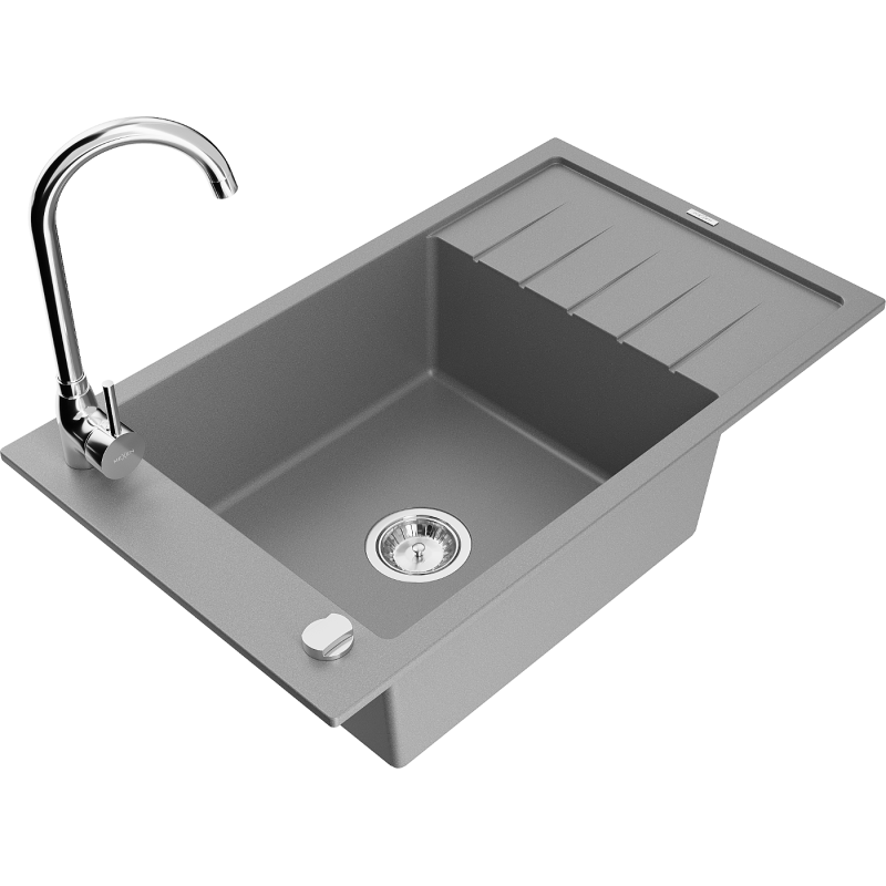 Mexen Elias granite sink with 1 bowl, drainer and Telma kitchen tap, grey - 6511-71-670200-00
