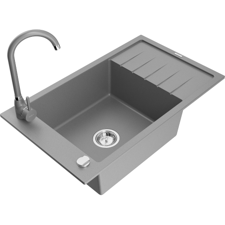 Mexen Elias 1-bowl granite sink with drainer and Telma kitchen tap, grey - 6511-71-670200-71