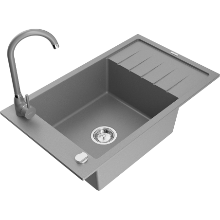 Mexen Elias granite sink 1-bowl with drainer and Telma kitchen faucet, gray - 6511-71-670200-71