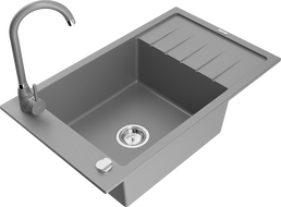 Mexen Elias 1-compartment granite sink with a drip tray and kitchen mixer tap Telma, Grey - 6511-71-670200-71