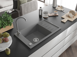 Mexen Elias 1-compartment granite sink with a drip tray and kitchen mixer tap Telma, Grey - 6511-71-670200-71