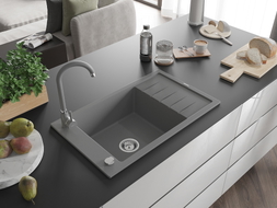 Mexen Elias granite sink 1-bowl with drainer and Telma kitchen faucet, gray - 6511-71-670200-71