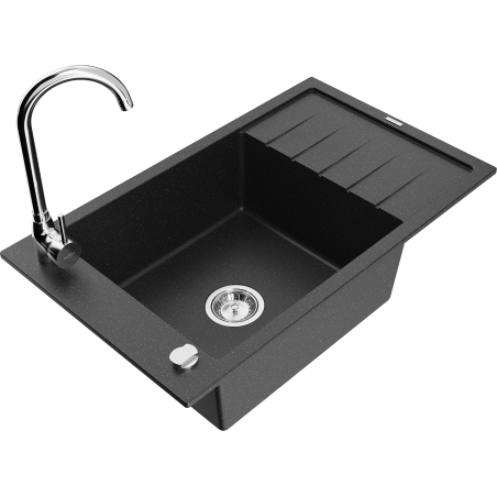 Mexen Elias 1-bowl granite sink with drainer and Telma kitchen faucet, black/silver - 6511-73-670200-00