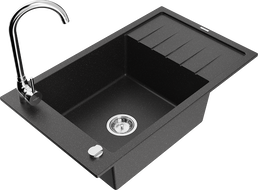 Mexen Elias 1-bowl granite sink with drainer and Telma kitchen faucet, black/silver - 6511-73-670200-00