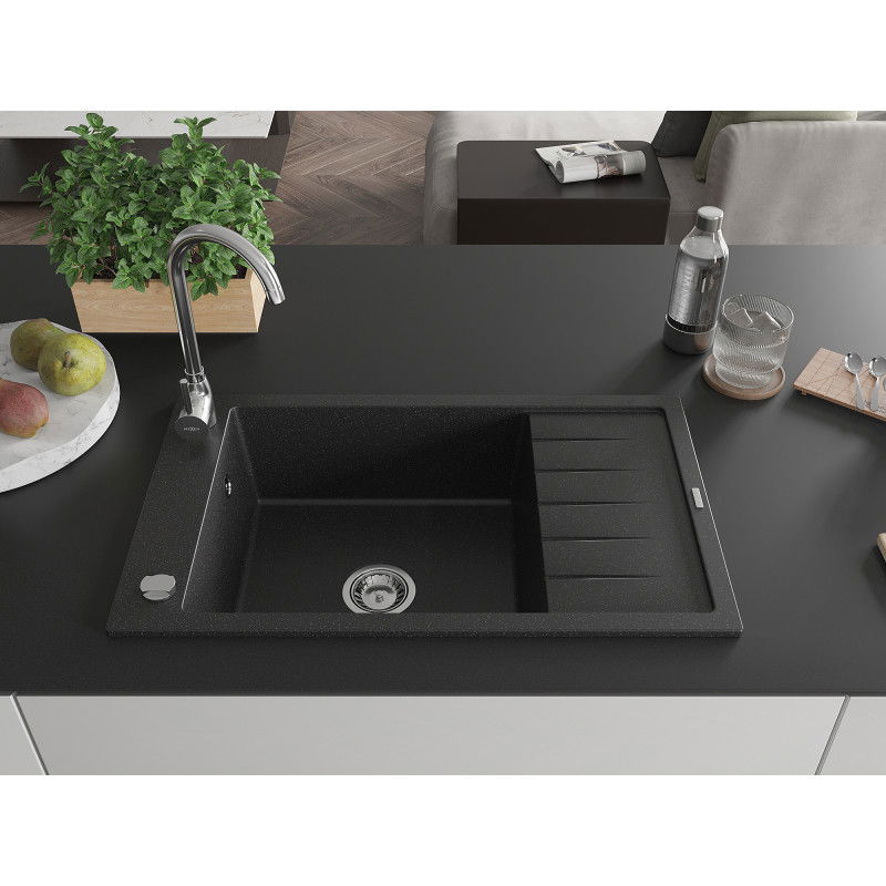 Mexen Elias 1-bowl granite sink with drainer and Telma kitchen tap, black/silver - 6511-73-670200-00