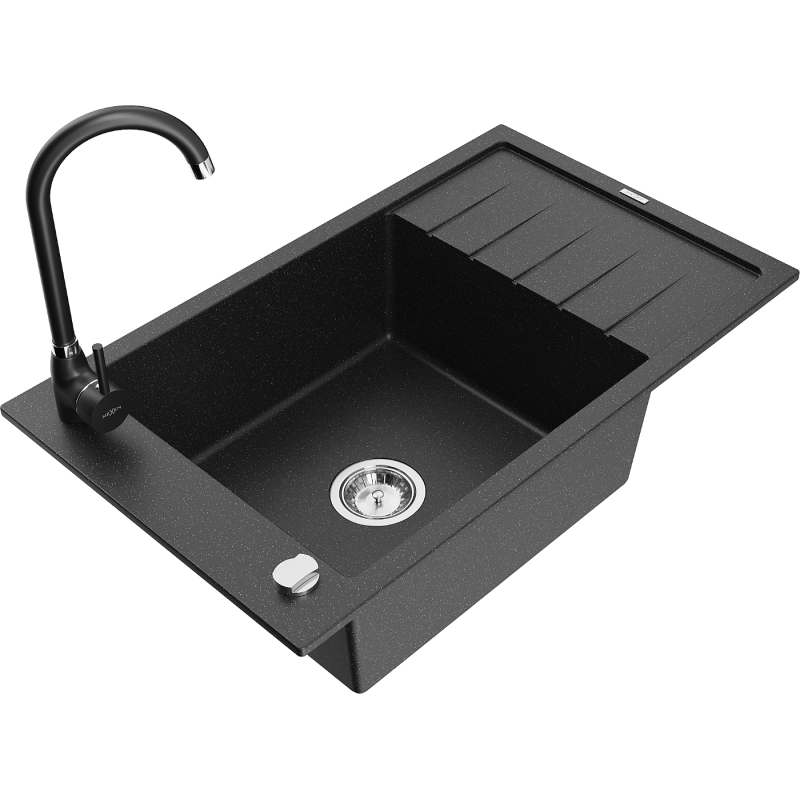 Mexen Elias granite sink 1-bowl with drainer and Telma kitchen tap, black/silver - 6511-73-670200-70