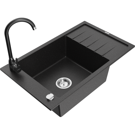 Mexen Elias 1-chamber granite sink with drainer and Telma kitchen faucet, black/silver - 6511-73-670200-70