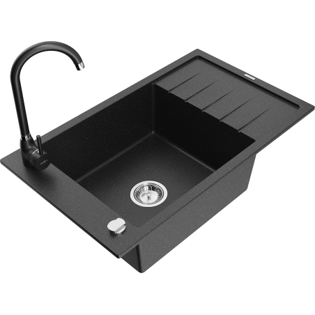 Mexen Elias 1-compartment granite sink with a drip tray and kitchen mixer tap Telma, Black/Silver - 6511-73-670200-70