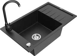 Mexen Elias 1-chamber granite sink with drainer and Telma kitchen faucet, black/silver - 6511-73-670200-70