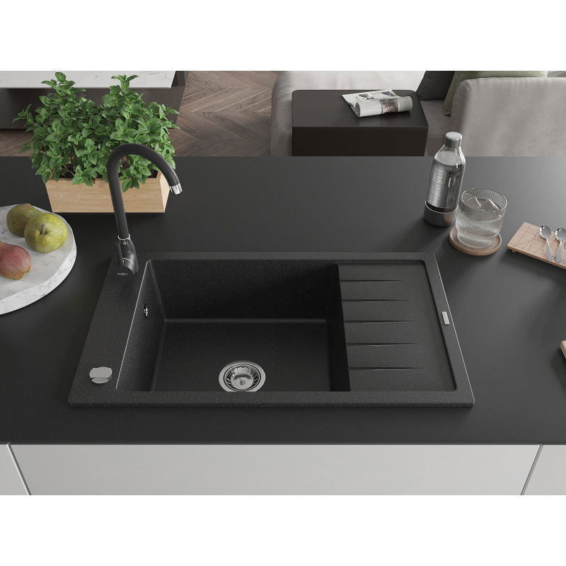Mexen Elias granite sink 1-bowl with drainer and Telma kitchen tap, black/silver - 6511-73-670200-70