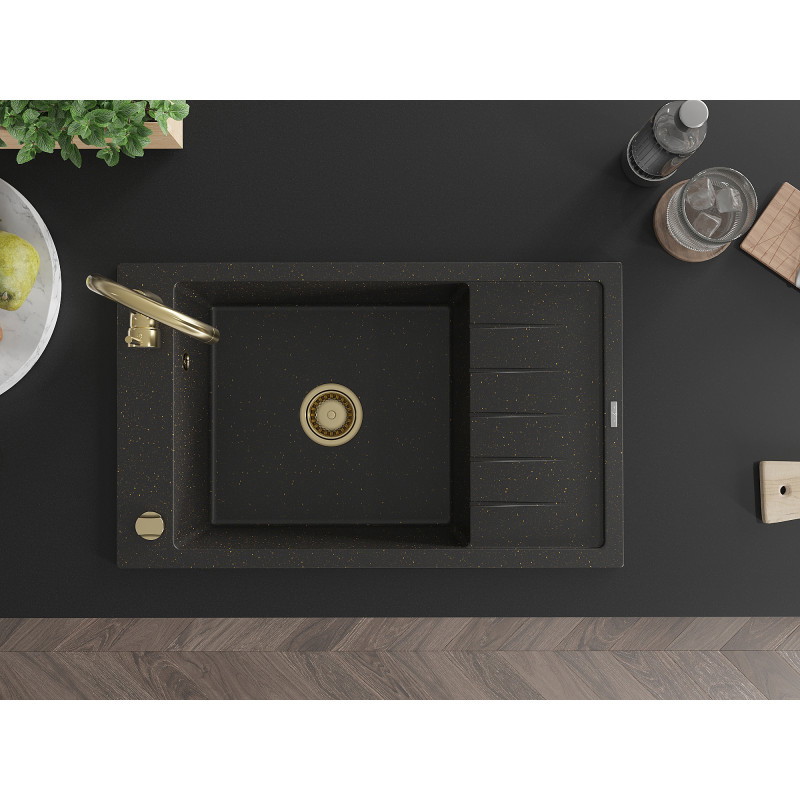 Mexen Elias granite kitchen sink, 1-bowl with drainer and Telma kitchen faucet, black/gold - 6511-75-670200-50