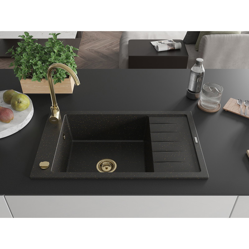 Mexen Elias granite kitchen sink, 1-bowl with drainer and Telma kitchen faucet, black/gold - 6511-75-670200-50