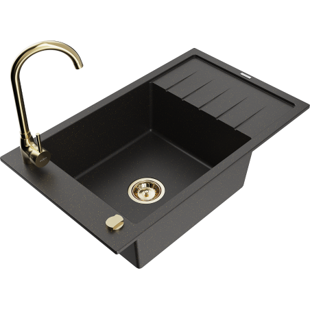 Mexen Elias 1-bowl granite sink with drainer and Telma kitchen tap, black/gold - 6511-75-670200-50