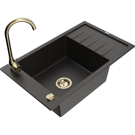 Mexen Elias granite kitchen sink, 1-bowl with drainer and Telma kitchen faucet, black/gold - 6511-75-670200-50