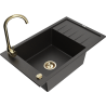 Mexen Elias granite kitchen sink, 1-bowl with drainer and Telma kitchen faucet, black/gold - 6511-75-670200-50