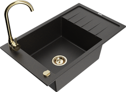 Mexen Elias granite kitchen sink, 1-bowl with drainer and Telma kitchen faucet, black/gold - 6511-75-670200-50