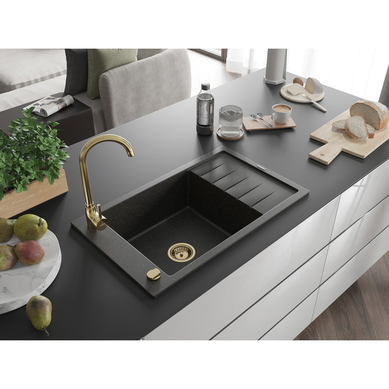 Mexen Elias granite kitchen sink, 1-bowl with drainer and Telma kitchen faucet, black/gold - 6511-75-670200-50