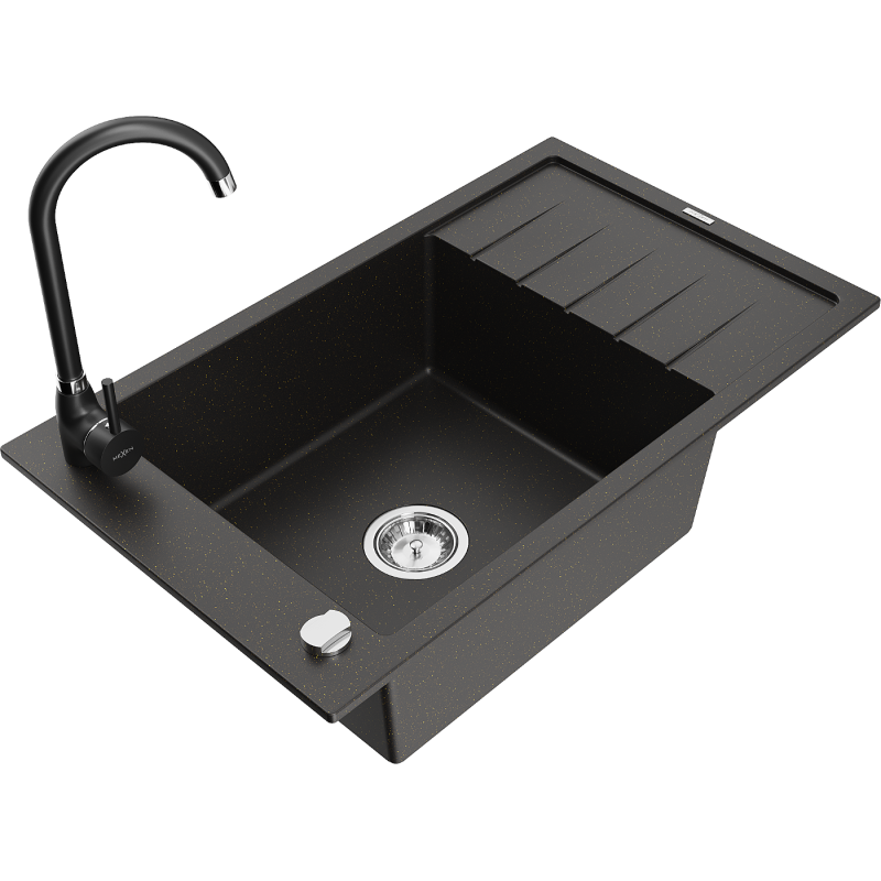 Mexen Elias 1-bowl granite sink with drainer and Telma kitchen faucet, black/gold - 6511-75-670200-70