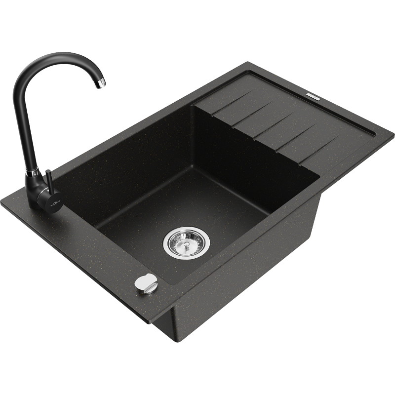 Mexen Elias granite single-bowl sink with drainer and Telma kitchen faucet, black/golden - 6511-75-670200-70