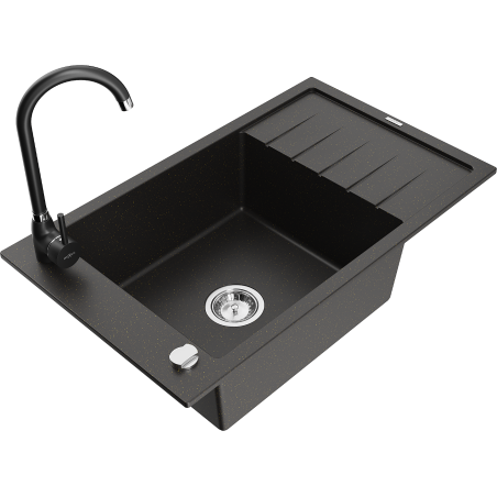 Mexen Elias granite single-bowl sink with drainer and Telma kitchen faucet, black/golden - 6511-75-670200-70
