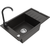 Mexen Elias granite single-bowl sink with drainer and Telma kitchen faucet, black/golden - 6511-75-670200-70