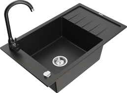 Mexen Elias granite single-bowl sink with drainer and Telma kitchen faucet, black/golden - 6511-75-670200-70