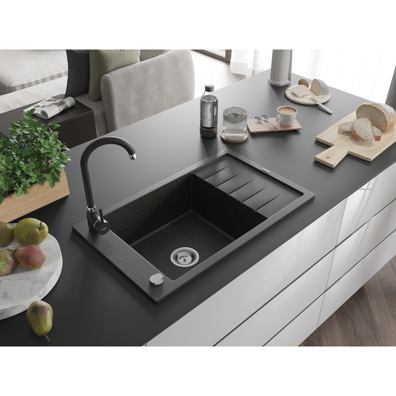 Mexen Elias granite single-bowl sink with drainer and Telma kitchen faucet, black/golden - 6511-75-670200-70