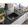 Mexen Elias granite single-bowl sink with drainer and Telma kitchen faucet, black/golden - 6511-75-670200-70