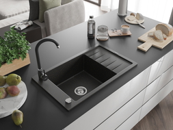 Mexen Elias granite single-bowl sink with drainer and Telma kitchen faucet, black/golden - 6511-75-670200-70