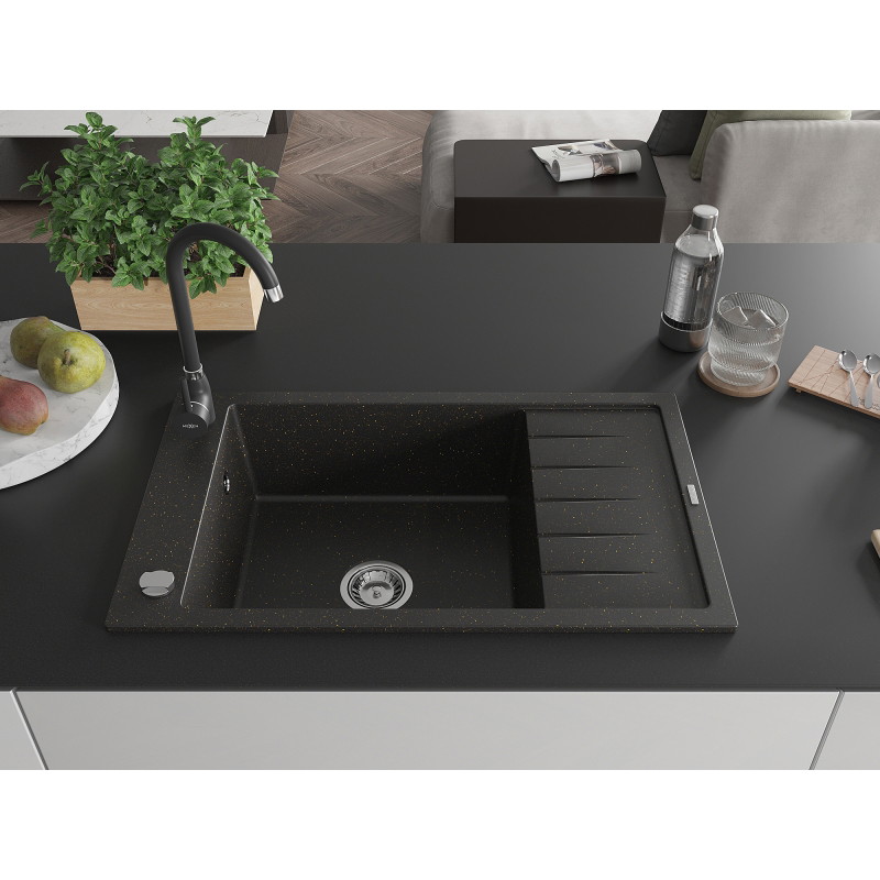 Mexen Elias granite single-bowl sink with drainer and Telma kitchen faucet, black/golden - 6511-75-670200-70