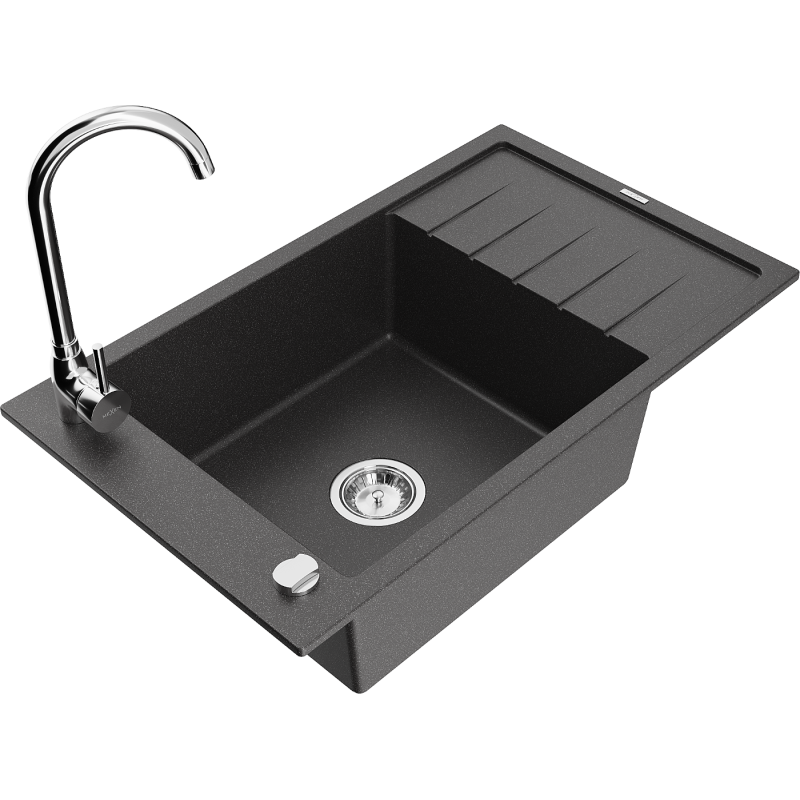 Mexen Elias granite kitchen sink 1-bowl with drainer and Telma kitchen faucet, black speckled - 6511-76-670200-00