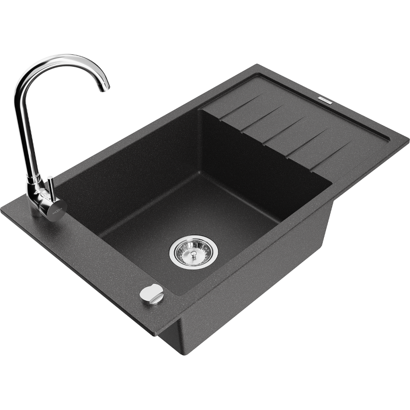 Mexen Elias granite sink 1-bowl with drainer and Telma kitchen tap, black speckled - 6511-76-670200-00