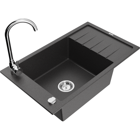 Mexen Elias granite kitchen sink 1-bowl with drainer and Telma kitchen faucet, black speckled - 6511-76-670200-00