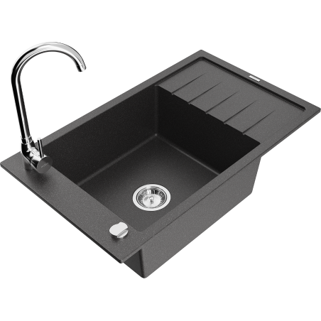 Mexen Elias granite sink 1-bowl with drainer and Telma kitchen tap, black speckled - 6511-76-670200-00