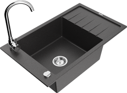 Mexen Elias granite sink 1-bowl with drainer and Telma kitchen tap, black speckled - 6511-76-670200-00
