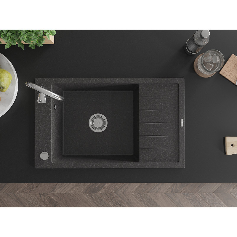 Mexen Elias granite kitchen sink 1-bowl with drainer and Telma kitchen faucet, black speckled - 6511-76-670200-00
