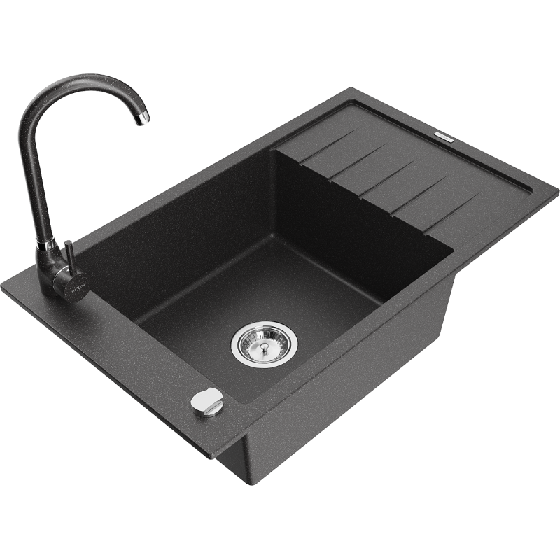 Mexen Elias granite kitchen sink 1-bowl with drainer and kitchen faucet Telma, black speckled - 6511-76-670200-76