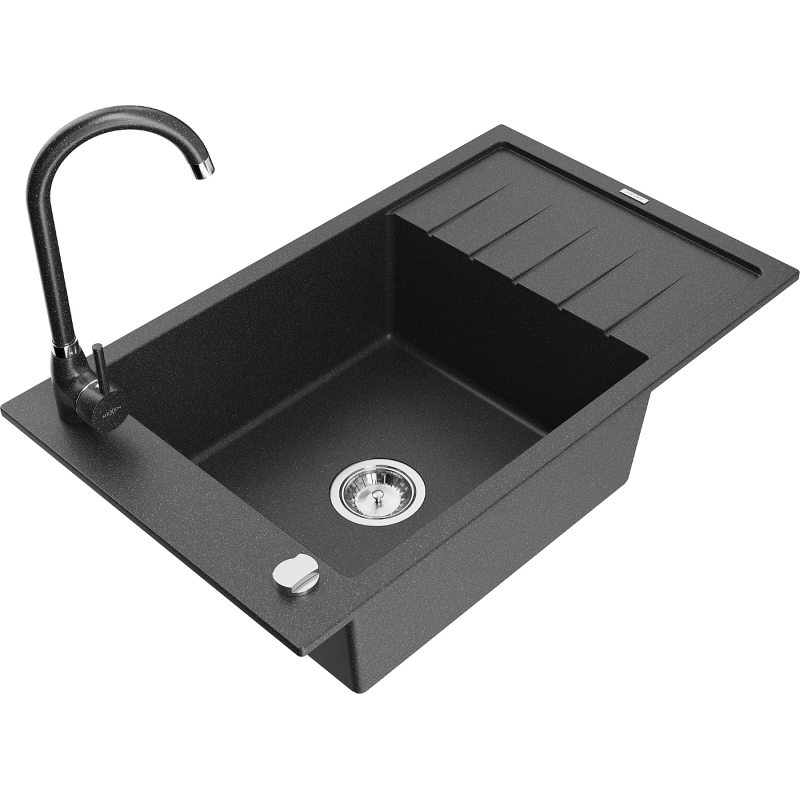 Mexen Elias granite sink 1-bowl with drainer and Telma kitchen tap, speckled black - 6511-76-670200-76