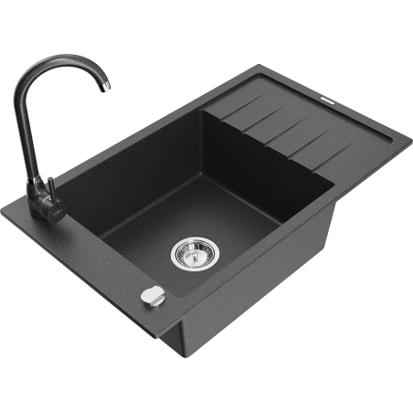 Mexen Elias granite kitchen sink 1-bowl with drainer and kitchen faucet Telma, black speckled - 6511-76-670200-76