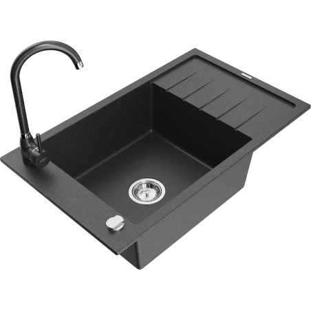 Mexen Elias granite sink 1-bowl with drainer and Telma kitchen tap, speckled black - 6511-76-670200-76