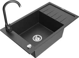 Mexen Elias granite kitchen sink 1-bowl with drainer and kitchen faucet Telma, black speckled - 6511-76-670200-76